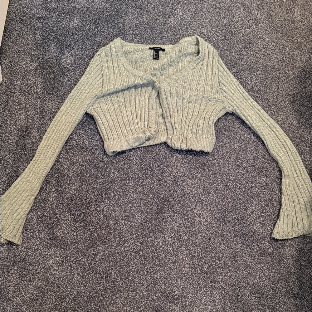 Forever 21 Light Sage Ribbed Cropped Button Cardigan